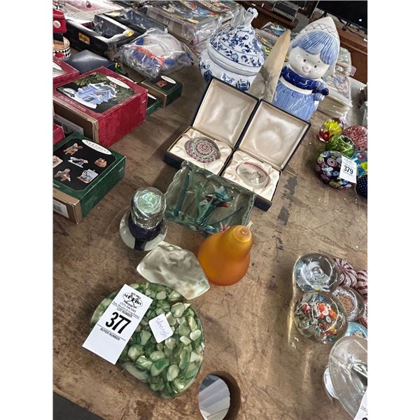 Art Glass Paperweights, Marble Prism, Lidded Oriental Dish, Cookie Jar