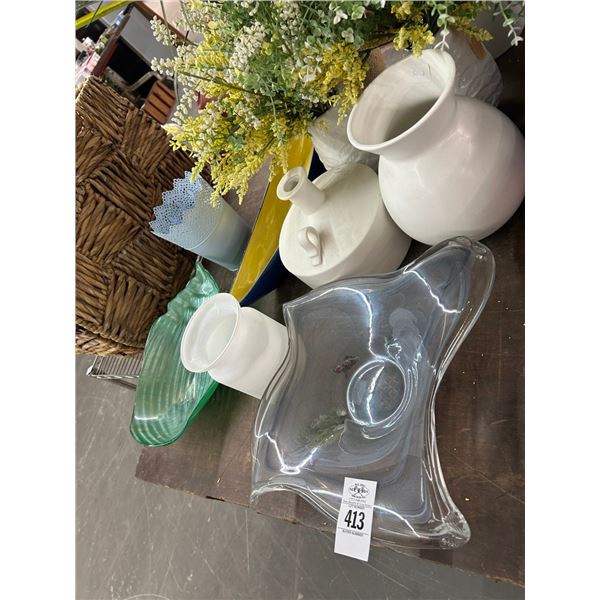 Art Glass Sea Shell Bowls, Silk Plants, Vases