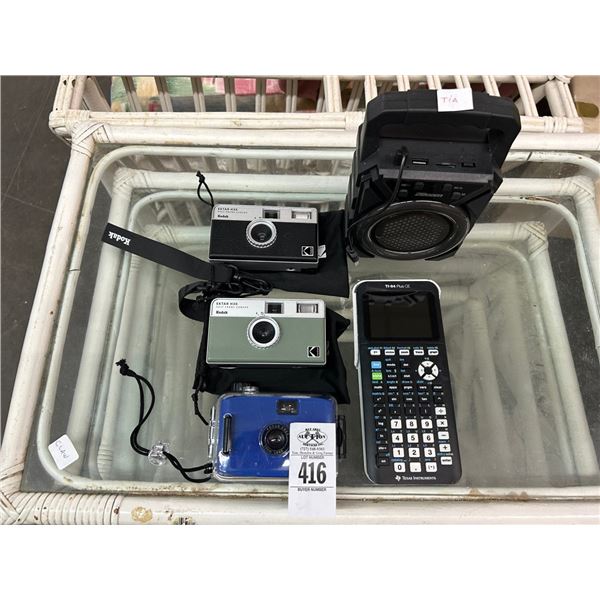 Vintage Cameras, Calculator, Portable Speaker