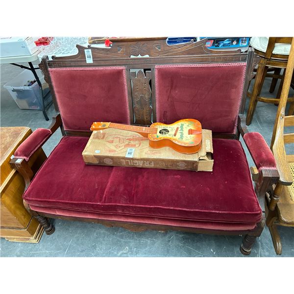 Mission Antique Mahogany Trim Maroon Padded Loveseat