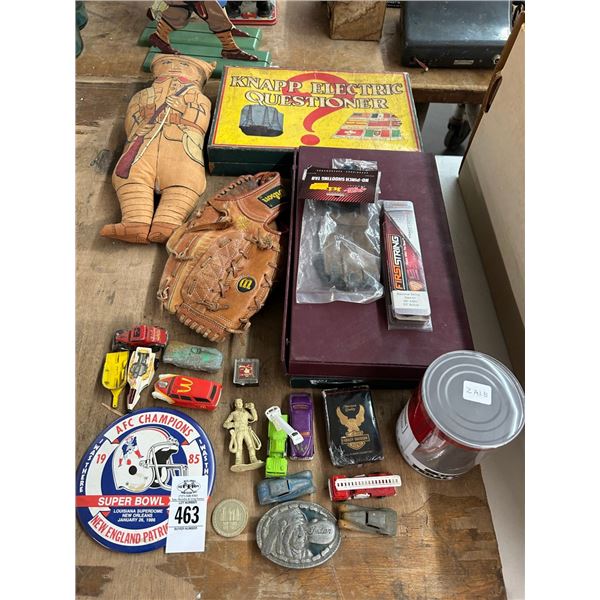 Vintage Military Doll,  1985 Superbowl Pin, Die Cast Cars, Indian Belt Buckle, Vintage