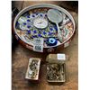 Image 1 : Ornate Oriental Bowl w/Wall Clock, Pocket Knife, Vanity Mirror, Cuff Links
