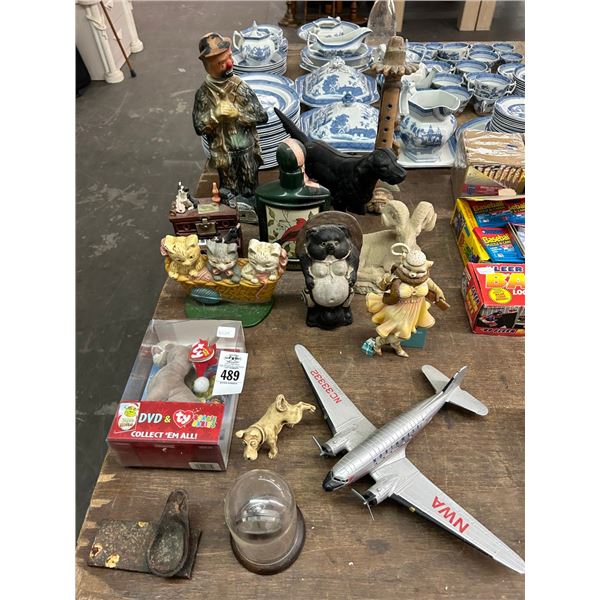 Cast Dog Door Stop, Emmett Kelly Clown Decanter, Misic Box, Model, Plane, Décor