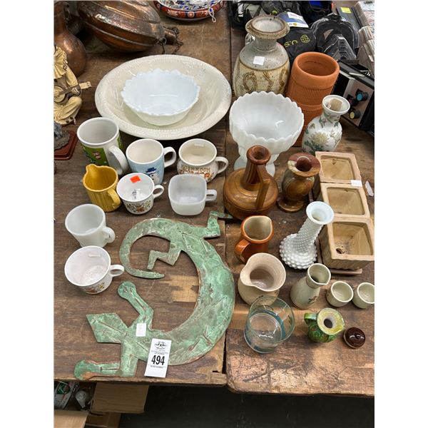 Asst. Mugs, Metal Lizard, Vases, Large Bowls