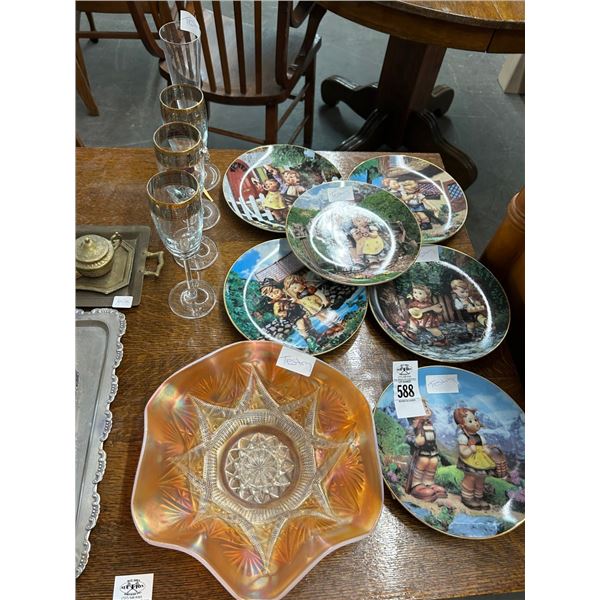 Hummel Collector Plates 6 w/COA's, Carnival Glass Bowl, Wine Stems