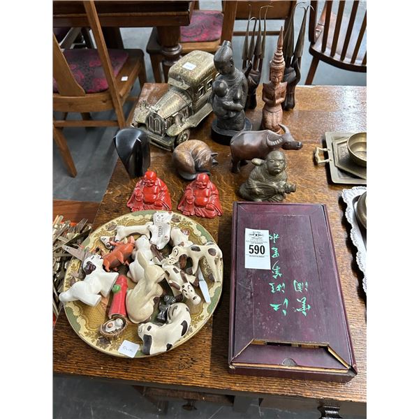 Chinese Domino Game, Buddha, Asst. Animal/Figural Statuaries, Gold Metal Car