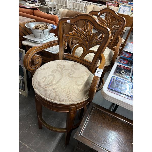 Carved Oak Padded Swivel Bar Stools - Pair