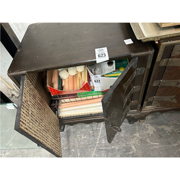 Tiger Oak Brass Trim Ornate End Table Cabinets - Pair