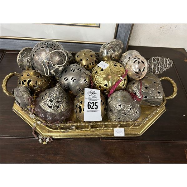 Ornate Brass Tray w/Asst. Metal Spheres/Forms