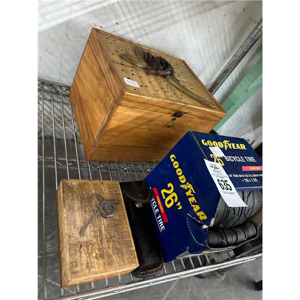 Floral Keepsake Box, Pocket Knife w/Sheath, Bicycle Tire, Telescope, Floral Storage Box