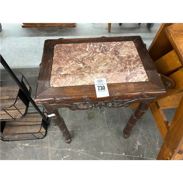 Ornately Carved Small Marble Inlay End Table