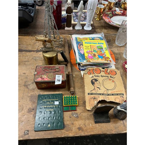 Vtg. Paperdoll Books Polo Spinning Ball, Cast Pitcher, Coin Book, Wind Vane, Torch