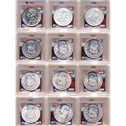 FULL SET 1957 THRU 1967 SILVER MEXICO UN PESOS-ALL CH BU+