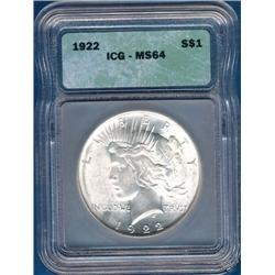 BRIGHT WHITE 1922 SILVER PEACE DOLLAR-ICG-MS 64