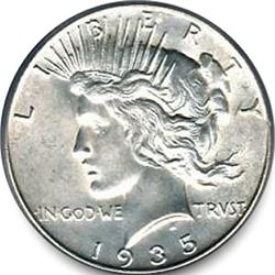 BEAUTIFUL BRIGHT WHITE 1935 SILVER PEACE DOLLAR-MS 64/65