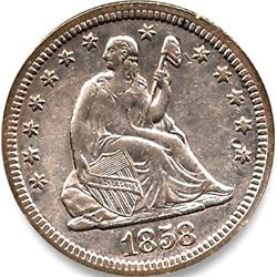 1858 SILVER SEATED LIBERTY QUARTER DOLLAR-NICE UNC