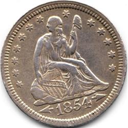 1854 ARROWS SEATED LIBERTY QUARTER-XF