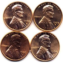 1972-S, 1973-S, 1974-S, 1980-D LINCOLN SMALL CENTS-CH BU+RED