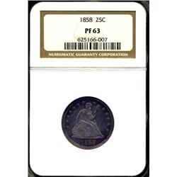 1858 SILVER SEATED LIBERTY QUARTER DOLLAR-NICE COLOR NGC PROOF 63