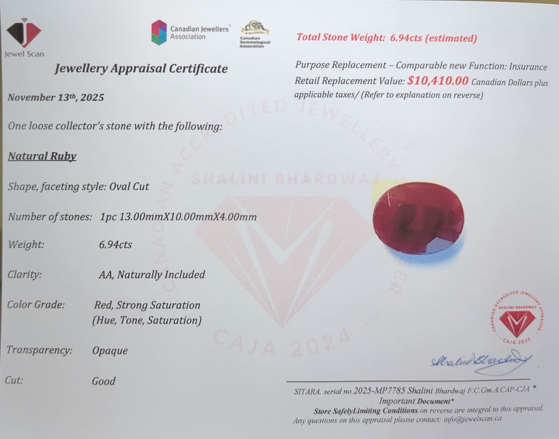 $10,410 Appraisal - 6.94 ct Cert. Ruby gemstone