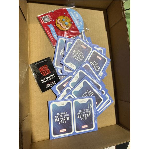 Marvel cards, smile, Cookie badge, and other pin