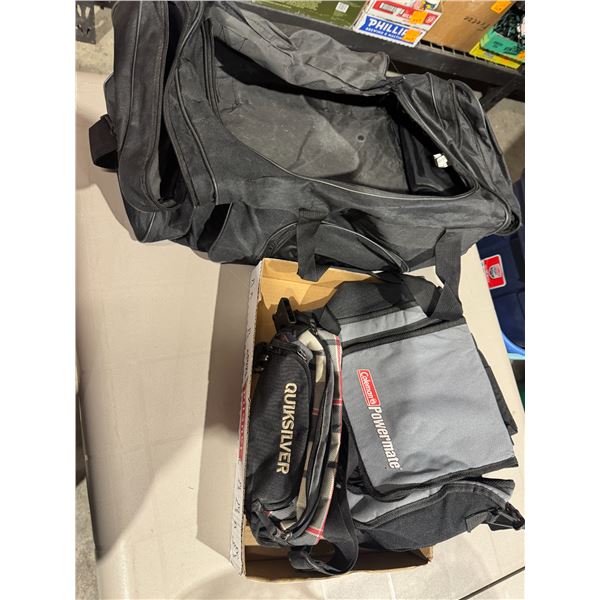Duffel bag and Coleman power mate bag, and quicksilver fanny pack