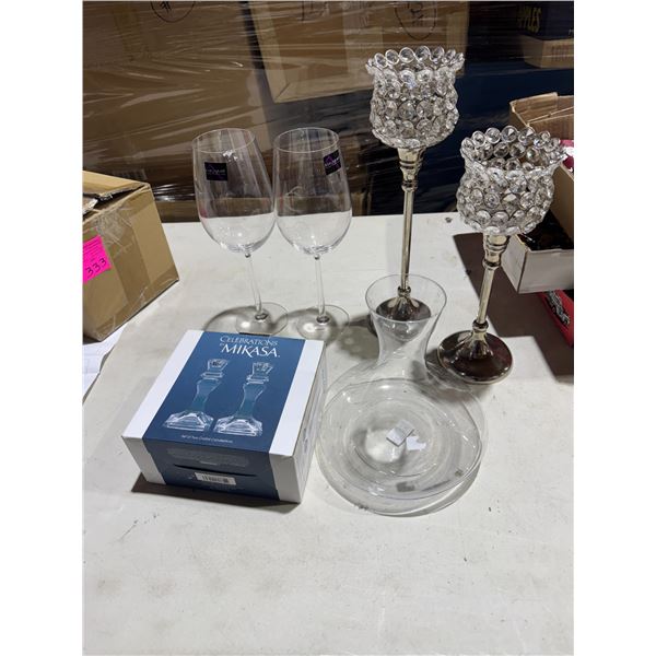 Wine, glasses, decanter, and candle holders