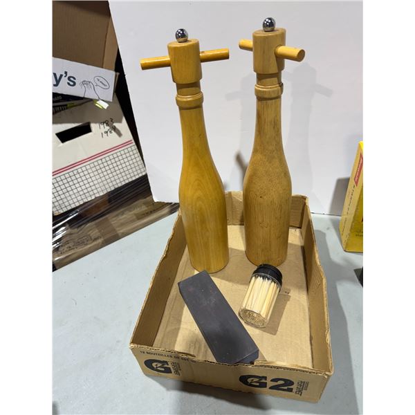 Salt and pepper, grinders and knife, sharpener, and toothpicks