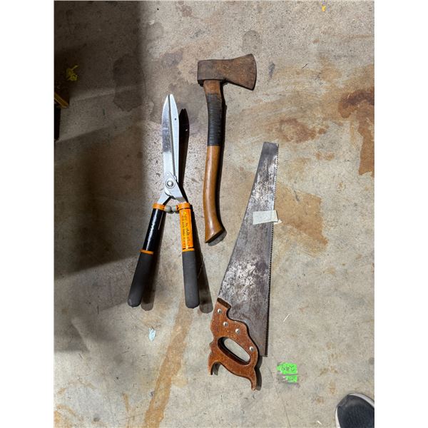 Axe, saw and FISKARS hedge and shrub trimmer