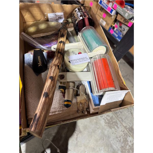 Vintage collectibles, Coca-Cola towel, ship coasters, beer, wax, candles, and more