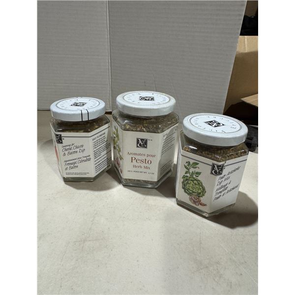 Sealed epicure cheese, chives, and bacon dip, pesto, herb mix, and pesto artichoke dip mix