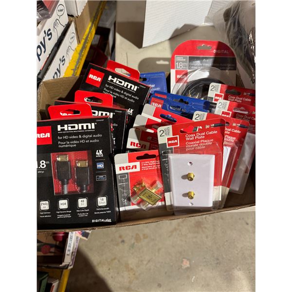 HDMI cords, coax, dual cable, wall plates, and other items