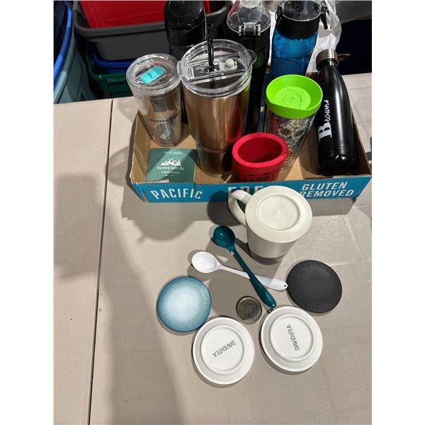 Water bottles to go cups, David's tea, mug, etc.