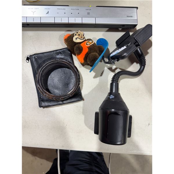 Wood carved bracelet and ornament phone holder and other item