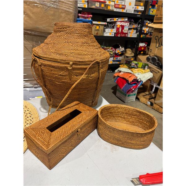 handwoven rattan storage baskets and a tissue box cover