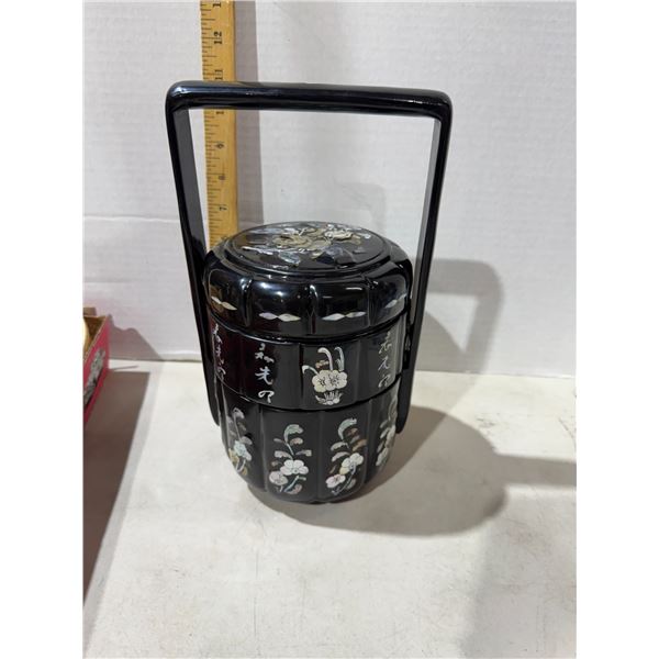 Antique Black Wooden Lacquered Mother of Pearl Inlay Chinese Wedding Basket, Handled Box