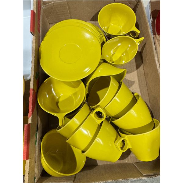 Melmac cups and saucers, cream, and sugar dish