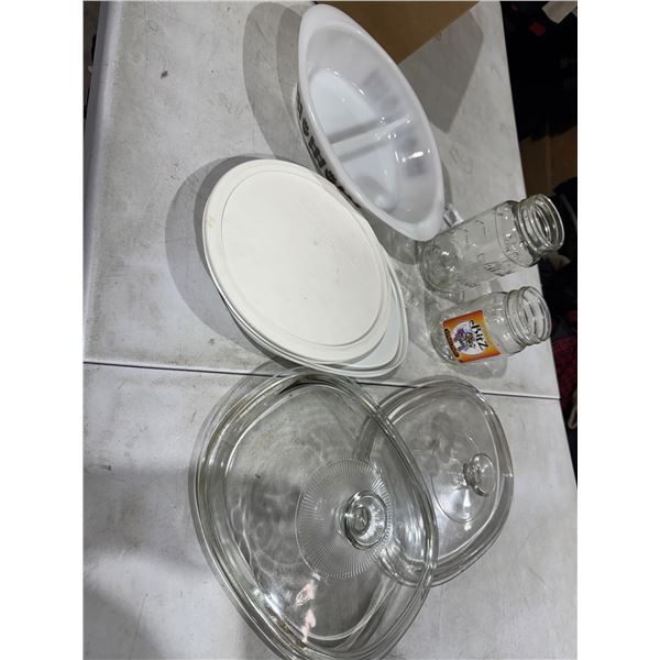 Assorted lids and baking dish and jars
