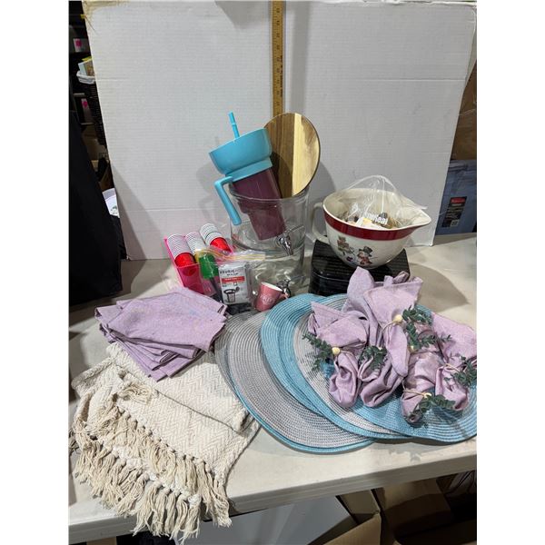 Placemats shooter glasses, Keurig item dispenser, and other items