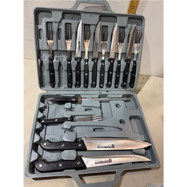 Knives, forks, and sharpener