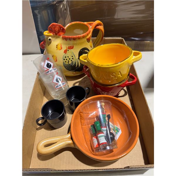 Rooster, jug, salsa, and all of dishes and other
