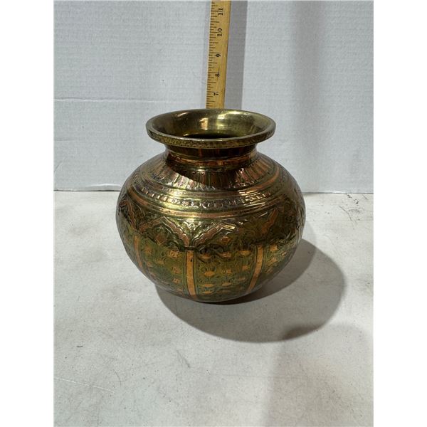 brass and copper Ganga Jamuna lota, a traditional Indian ritual vessel.