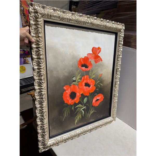 Poppy Flowers artwork artist Rose Leonard 28.5 x 33.5 damaged frame lower right corner