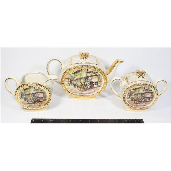 ANTIQUE TEAPOT, CREAM & SUGAR