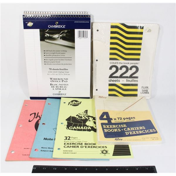7 EXERCISE BOOKS, PLAIN SHEETS, OFFICE PAD