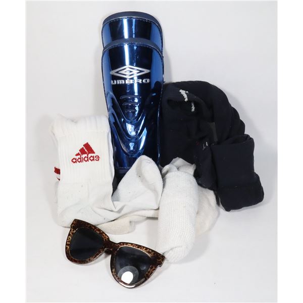 BOX OF SPORTS ITEMS, SHIN GARDS, SOCKS, SUNGLASSES