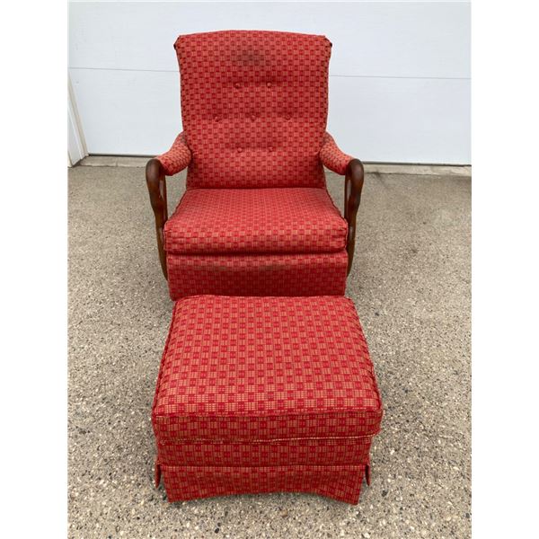 ANTIQUE GOOSENECK ARM ROCKING CHAIR WITH MID-CENTURY UPHOLSTERY AND MATCHING OTTOMAN