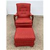 Image 1 : ANTIQUE GOOSENECK ARM ROCKING CHAIR WITH MID-CENTURY UPHOLSTERY AND MATCHING OTTOMAN