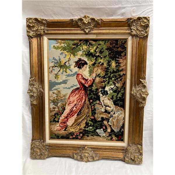 VINTAGE FRAMED VICTORIAN NEEDLEPOINT TAPESTRY PICTURE