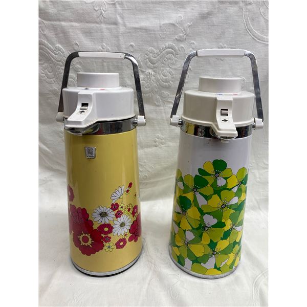 VINTAGE 1970S AIRPOT FLORAL PUMP VACUUM BEVERAGE DISPENSERS, LOT OF 2